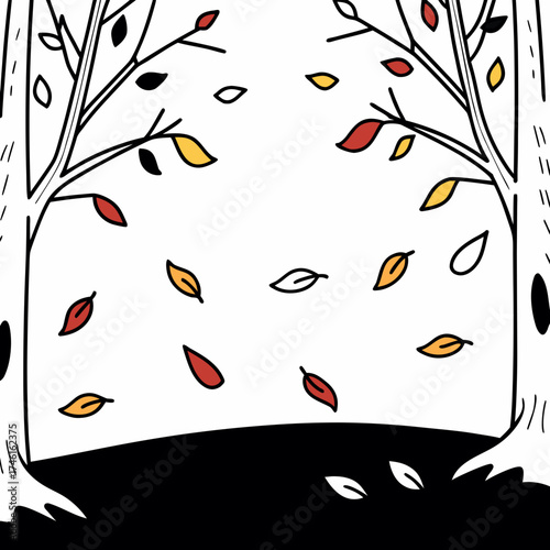 Stylized illustration of bare trees with falling autumn leaves in red yellow and black against a white background