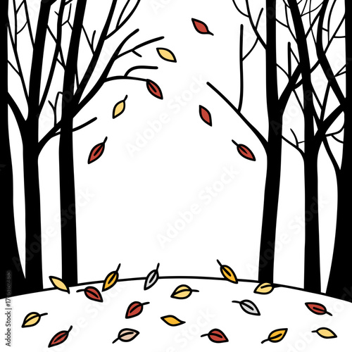 Stylized illustration of bare trees with falling autumn leaves in red yellow and gray colors
