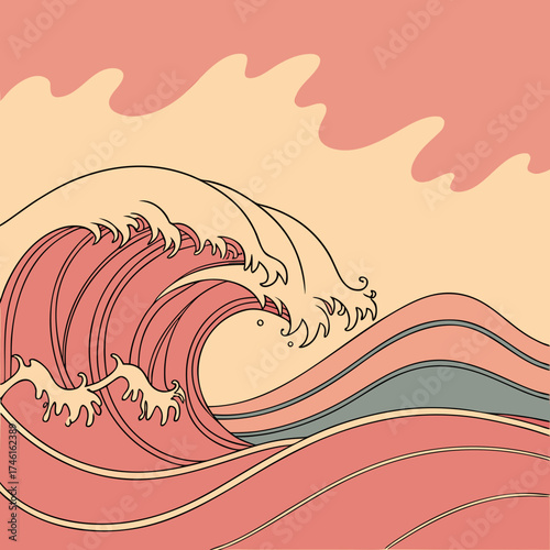Stylized japanese great wave illustration with soft pastel colors and gentle curves