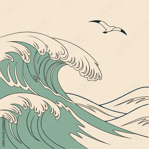 Stylized illustration of a large turquoise wave cresting with a seagull flying in the pale sky