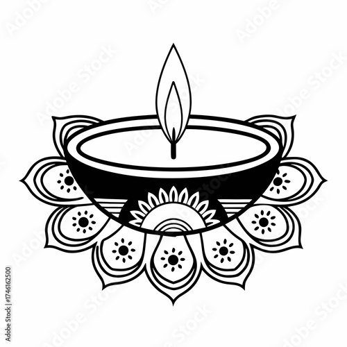 Traditional indian diya lamp with intricate floral mandala design for diwali celebrations