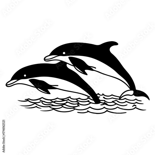 Two playful dolphins leaping joyfully through stylized ocean waves in a simple black and white illustration