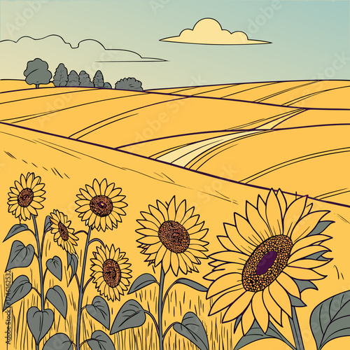 Vibrant sunflowers bloom in a golden field under a soft blue sky with rolling hills