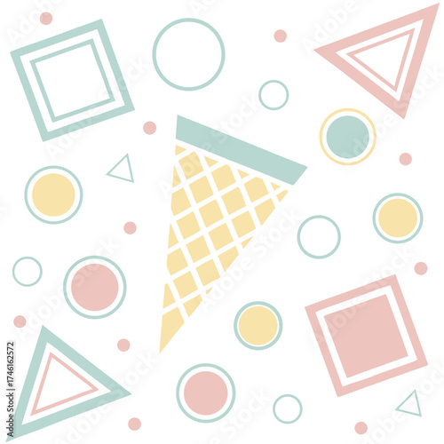 Whimsical pastel geometric shapes and ice cream cone pattern on white background