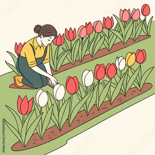 Woman gardener kneeling tending to rows of blooming tulips in a garden bed