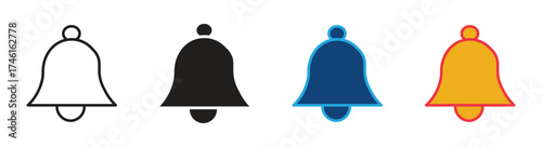 Notification bell icon set. Vector ringing bell and notification number sign for alarm clock and smartphone application alert, vector illustration.