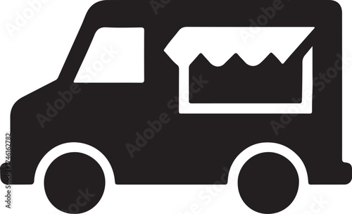 a simple black silhouette of a food truck icon