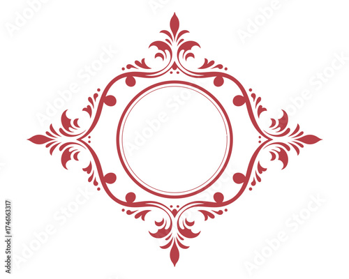 Sophisticated red flourishing frame with intricate swirl patterns, ideal for luxurious branding and elegant design projects