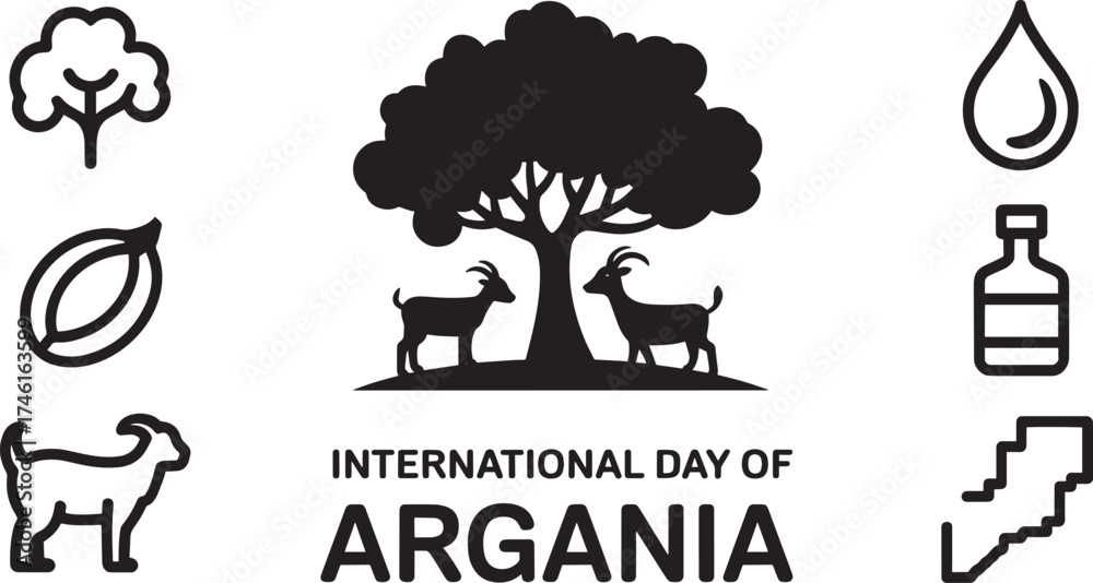 Fototapeta premium International Day of Argania vector art with argan tree, goats, cotton, nut, water drop, oil bottle, and map icons
