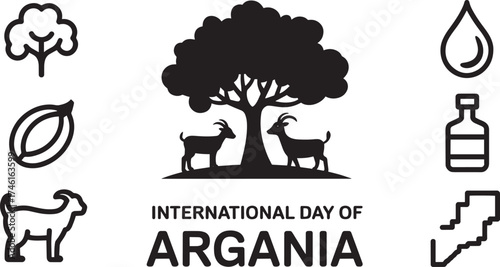International Day of Argania vector art with argan tree, goats, cotton, nut, water drop, oil bottle, and map icons