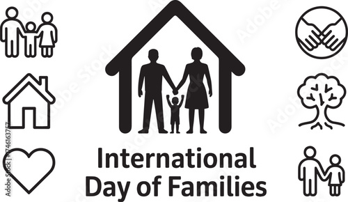 International Day of Families vector art with family, house, heart, hands, tree, and people icons