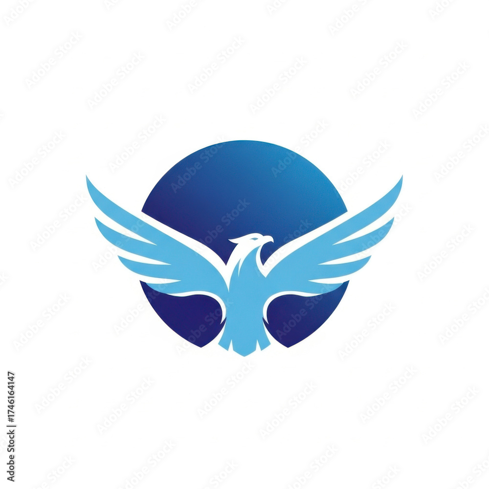 Obraz premium Striking flying eagle or phoenix with outstretched wings in a light blue gradient set against a dark blue circle corporate logo
