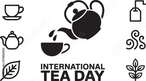 International Tea Day illustration with tea icons including teapot pouring into cup, tea bag, and leaves