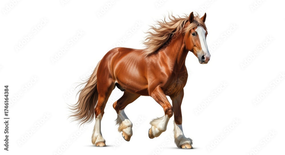 Fototapeta premium A majestic, brown horse galloping with its mane flowing in the wind. The horse has a powerful, muscular build and appears to be moving with grace and energy against a plain white background.