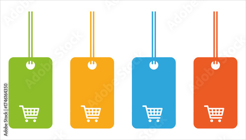Colorful Shopping Tags Icons Vector, Price Tags with Shopping Cart Symbol, Retail Sale Tags Design Elements