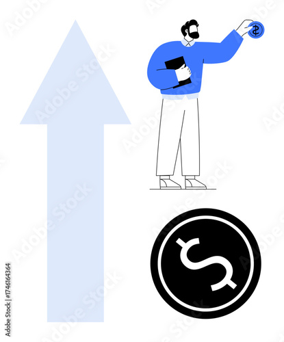 Man holding a money coin and document next to a large upward arrow and dollar logo. Ideal for investment, savings, financial planning, economic growth, business success, profit, goal setting. Simple