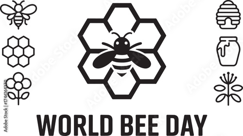 World Bee Day with large bee on honeycomb and various bee related icons