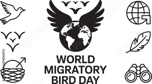World Migratory Bird Day concept with globe, flying birds, feather, binoculars, nest, dove outline