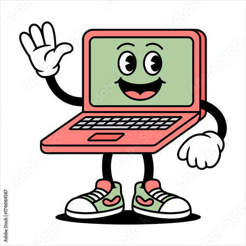Cartoon Laptop Character, Happy Computer Illustration, Friendly Technology Icon.