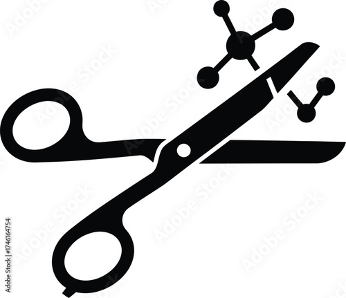 Black scissors cutting a molecular structure symbolizing scientific research and innovation