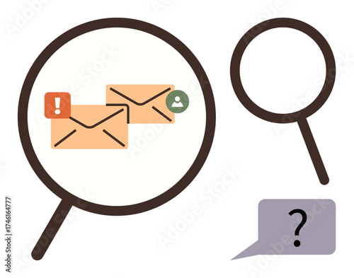 Magnifying glass focusing on envelopes with alert and contact icons, speech bubble with question mark. Ideal for email management, data inspection, spam analysis, inquiry, security, feedback. Simple