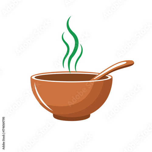 Warm bowl of soup with spoon and green steam logo design food hot cozy meal
