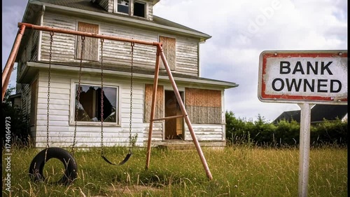 A boarded-up house and swing set stand in disrepair, with a 