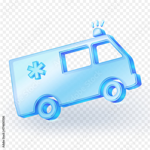 3D glass icon ambulance with an asterisk of life and siren lights. Concept of medical help, rescue, and urgent care. Vector illustration.
