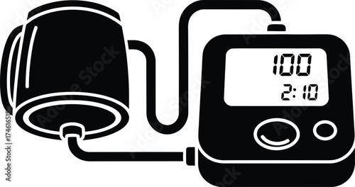 Black and white illustration of a digital blood pressure monitor with cuff and display showing numbers