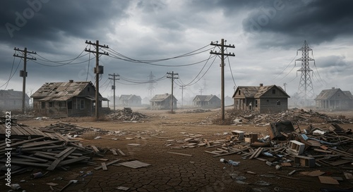 A desolate, post-apocalyptic landscape with abandoned wooden houses, debris, and power lines. The gloomy atmosphere is enhanced by the dark, cloudy sky, suggesting devastation and decay.