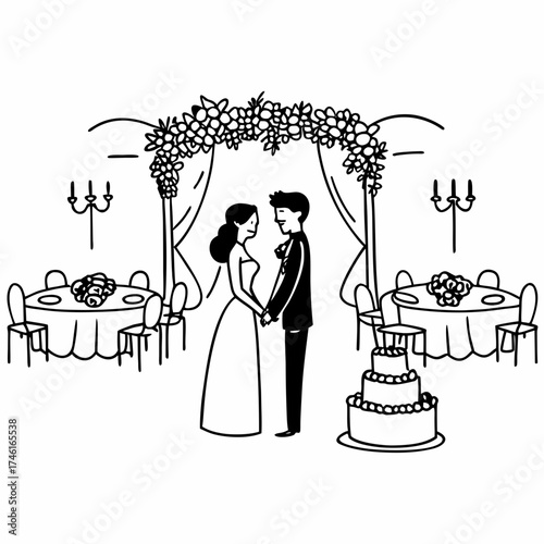 Vector art of a bride and groom holding hands under a floral arch, with wedding cake and decorated tables nearby, symbolizing love and commitment