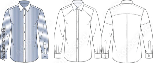 Men’s striped dress shirt flat sketch, button down front, collar cuffs detail, long sleeve fashion CAD drawing, vector apparel illustration