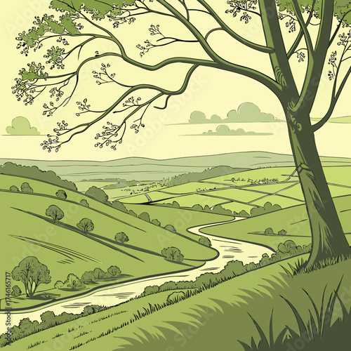 Vector art of a serene landscape illustration featuring rolling green hills, a winding river, and a large tree in the foreground, creating a peaceful and idyllic scene