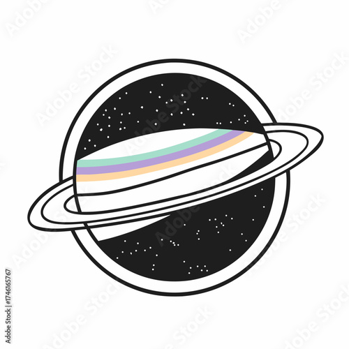 Vector art of a stylized illustration of a planet with rings and a colorful horizon, set against a starry background, ideal for space themes