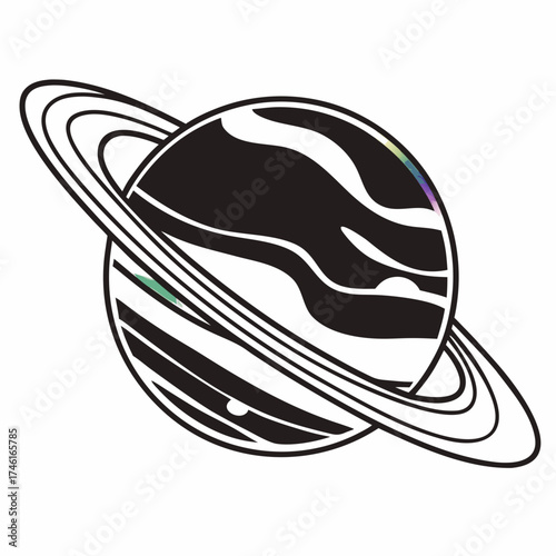 Vector art of a stylized illustration of a planet with rings, featuring a black and white color scheme, perfect for space and astronomy themes