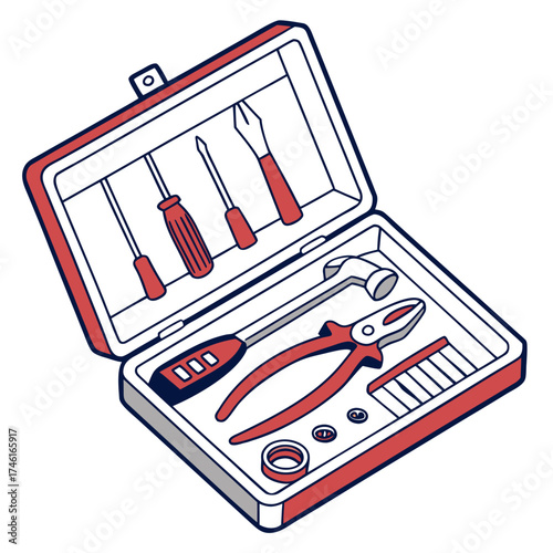 Vector art of an open toolbox reveals an array of essential tools, including screwdrivers, pliers, and a hammer, neatly arranged for any repair project
