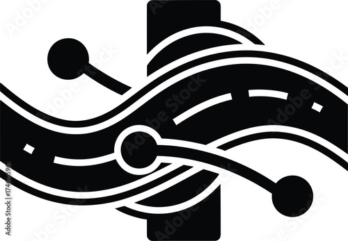 Abstract black and white icon representing a complex network of interconnected roads and pathways