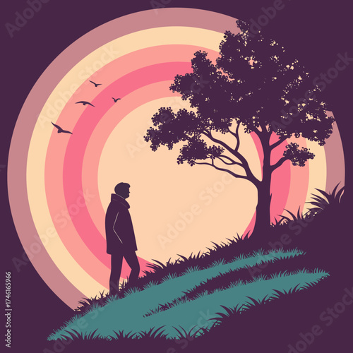 Vector art of contemplative scene of a person standing on a hill under a tree, gazing at a retrostyle sunset with pastel colors and birds flying, evoking a sense of peace
