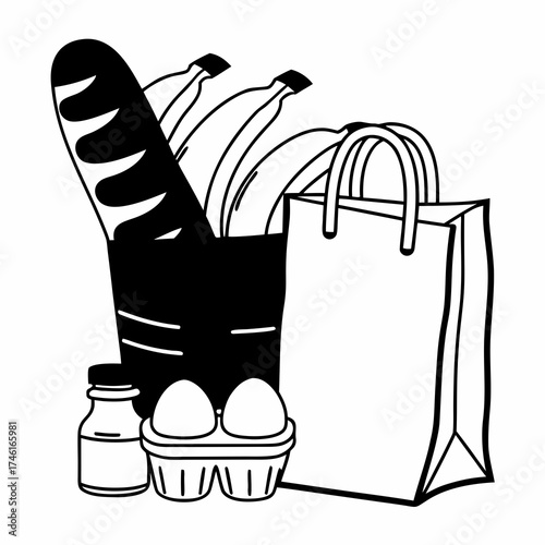 Vector art of black and white illustration of grocery items including bread, bananas, eggs, and a paper bag