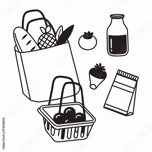 Vector art of fresh groceries in bag and basket, including bread, pineapple, tomato, beet, milk, and packaged food, promoting healthy eating and shopping