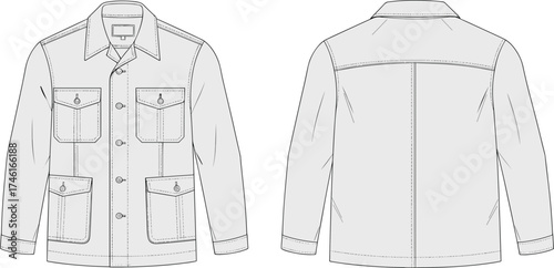 Utility jacket flat sketch, button front design, four pocket technical drawing, pointed collar, topstitch detail, vector fashion CAD illustration