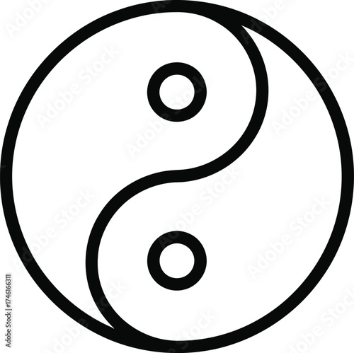 Simple black and white line drawing of the yin yang symbol on a clean white background