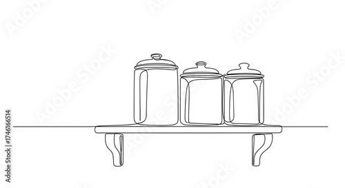 Tea canisters on vintage shelf in minimalist line art style