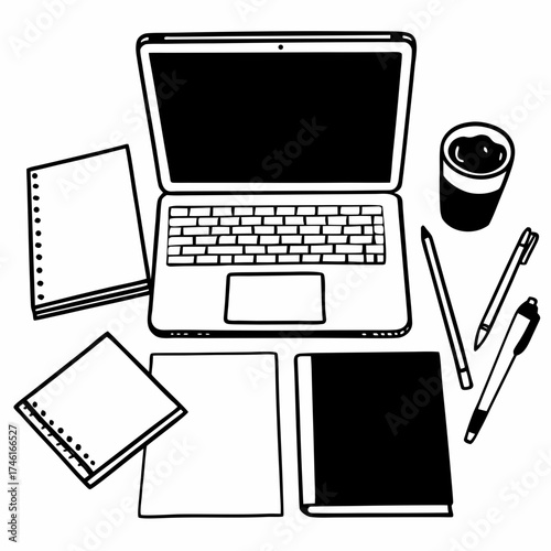 Vector art of overhead view of a desk with a laptop, notebooks, pens, and a cup of coffee, perfect for illustrating work from home or office life