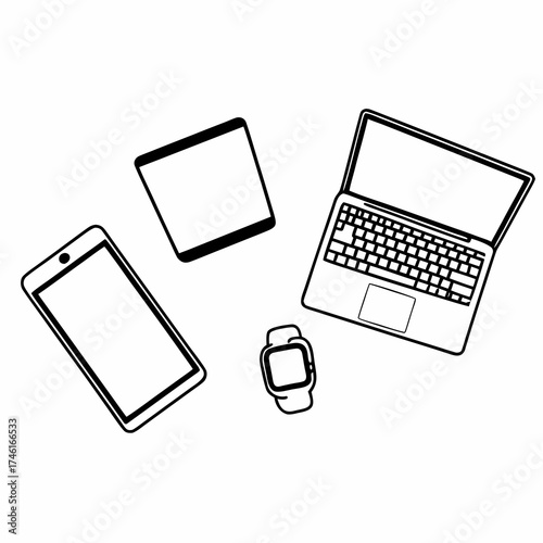 Vector art of overhead view of a laptop, tablet, smartphone, and smartwatch on a, ideal for illustrating digital lifestyle and interconnected devices
