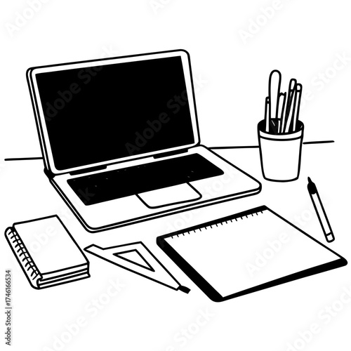 Vector art of overhead view of a desk with a laptop, notebooks, pens, and a ruler, ideal for illustrating design, architecture, or creative work