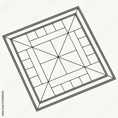 Vector art of overhead view of a square ceiling design with geometric patterns, creating a symmetrical and visually appealing architectural element