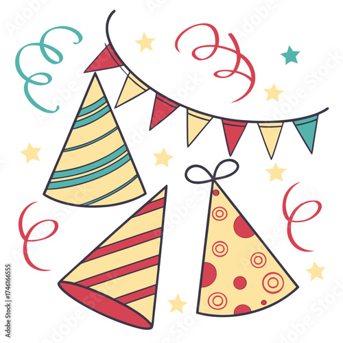 Vector art of party hats and confetti create a festive atmosphere, the colorful decorations suggest a celebration is about to begin