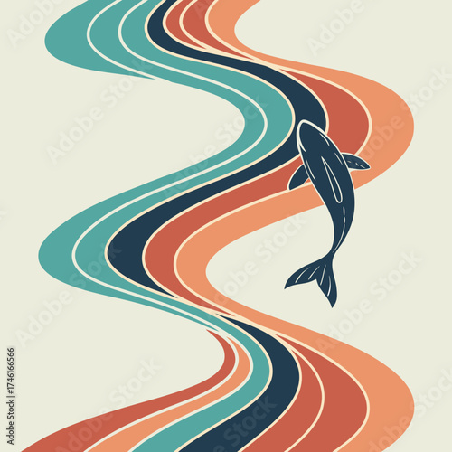 Vector art of retro dolphin swimming in a colorful river, a vibrant and nostalgic scene evoking freedom and adventure a playful marine mammal in a vintage setting