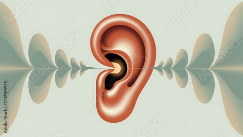 Digital illustration of a large stylized human ear with sound waves radiating outward. A conceptual image for listening, hearing, and sound technology.
